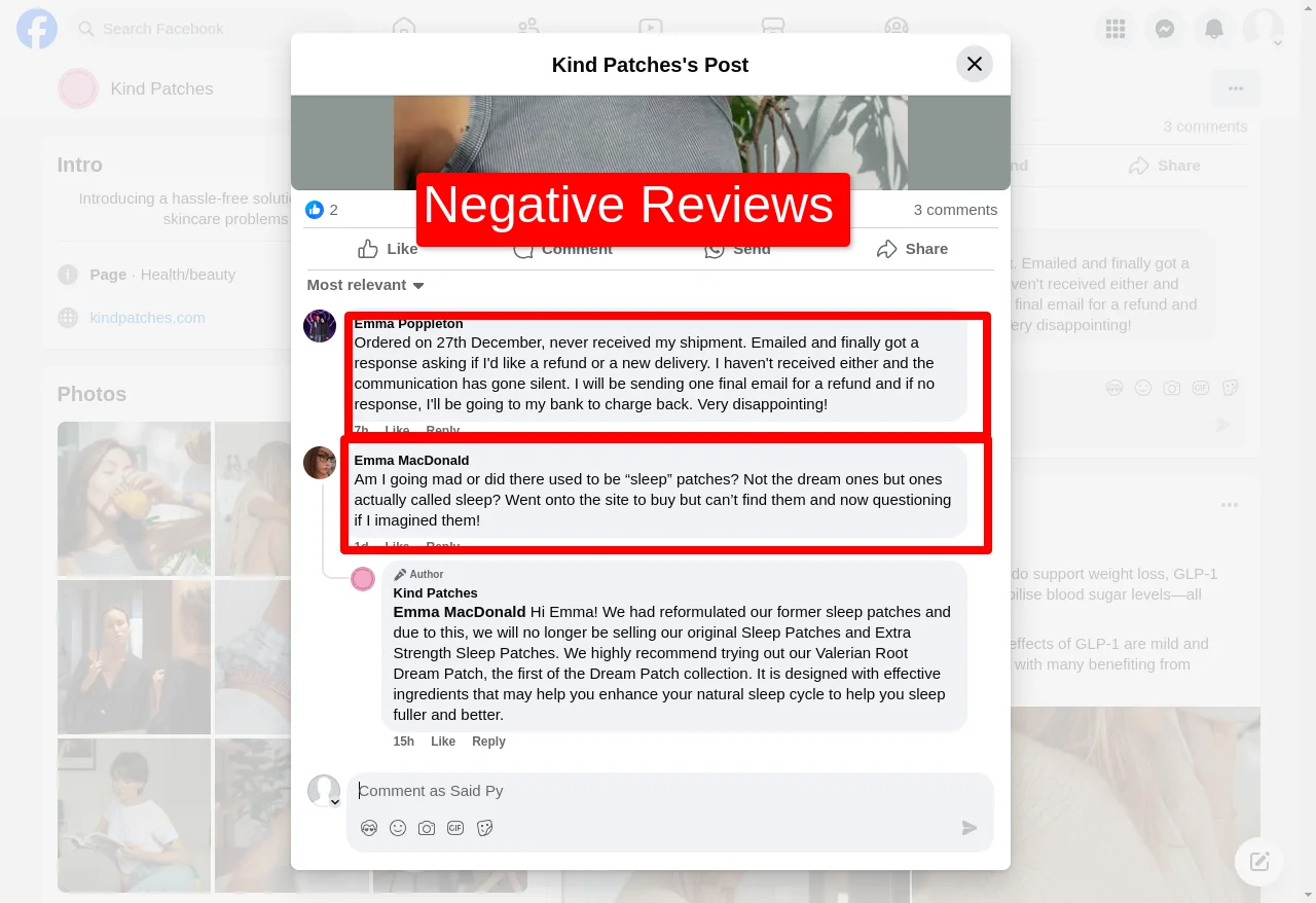 Facebook Kindpatches Negative Reviews